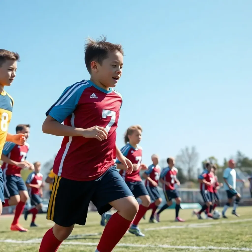 Young athletes training on a football field under the sun