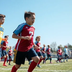 Young athletes training on a football field under the sun