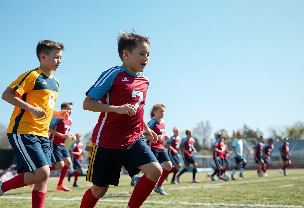 Young athletes training on a football field under the sun