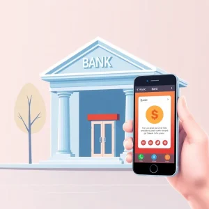 Illustration of digital banking contrasted with a traditional bank branch