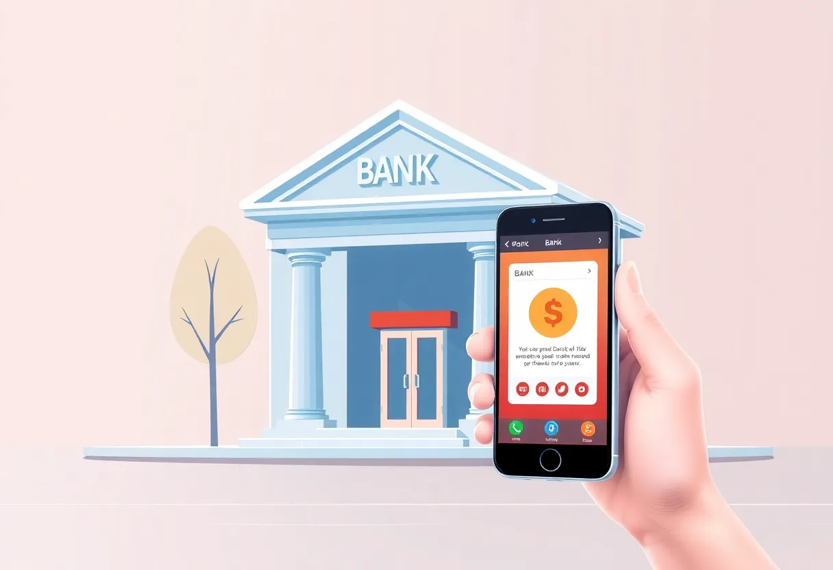 Illustration of digital banking contrasted with a traditional bank branch