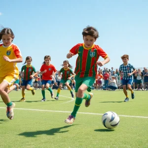 Young athletes competing at the Battle at the Beach football tournament