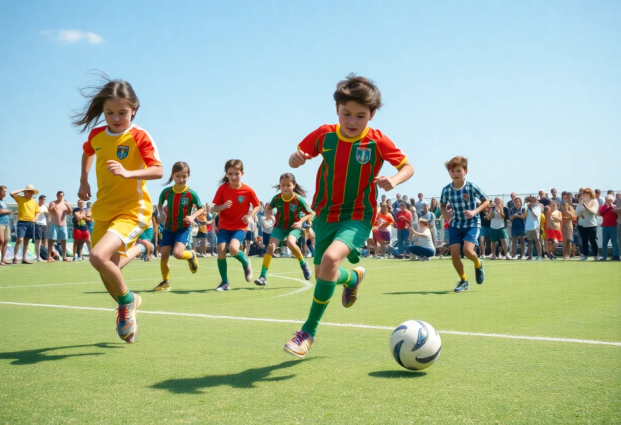 Young athletes competing at the Battle at the Beach football tournament