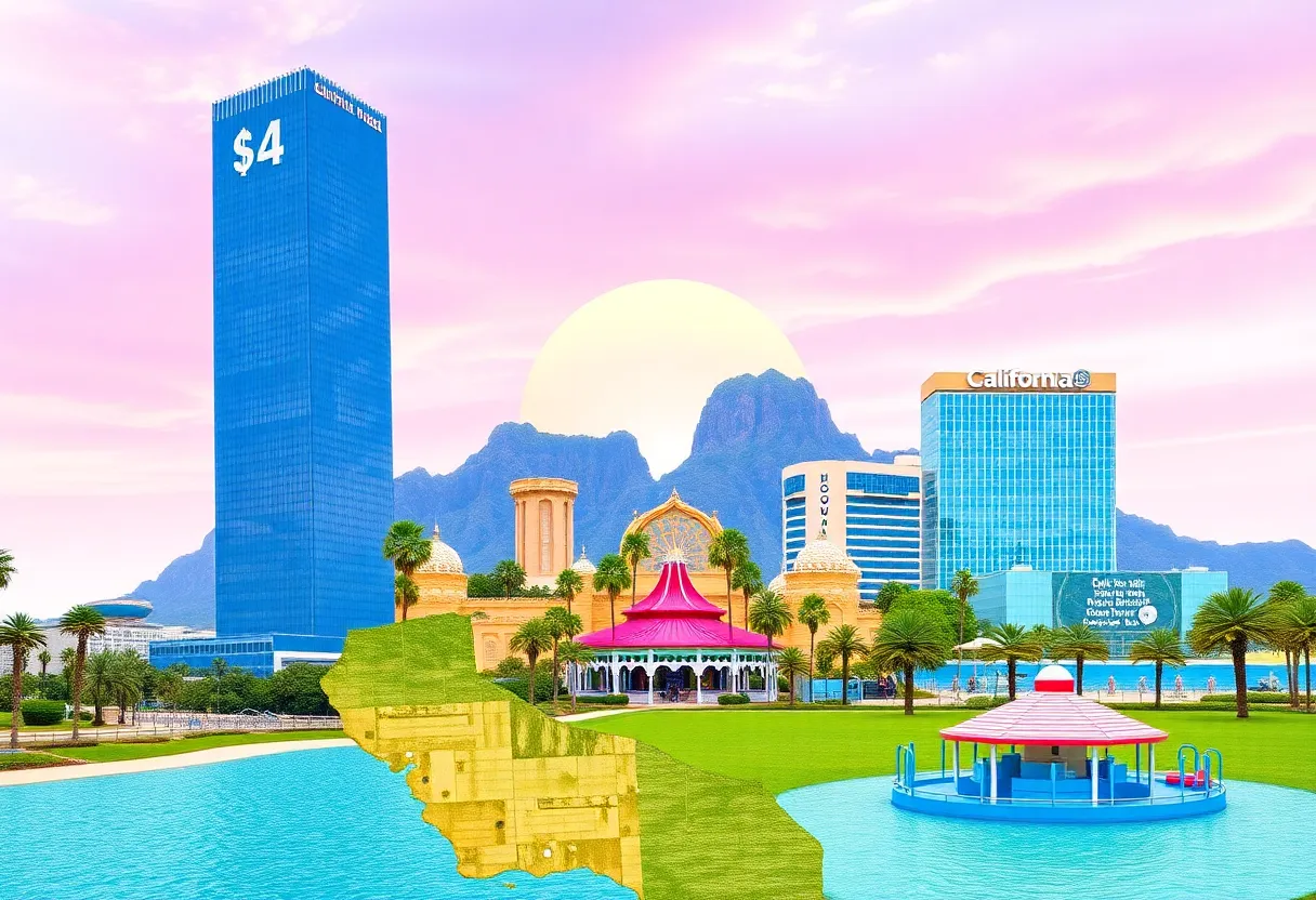 Collage of California business developments including amusement park and water park.