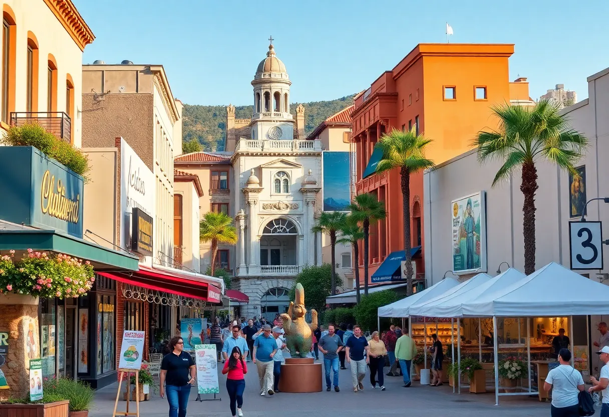 A lively California city filled with various businesses and cultural elements.