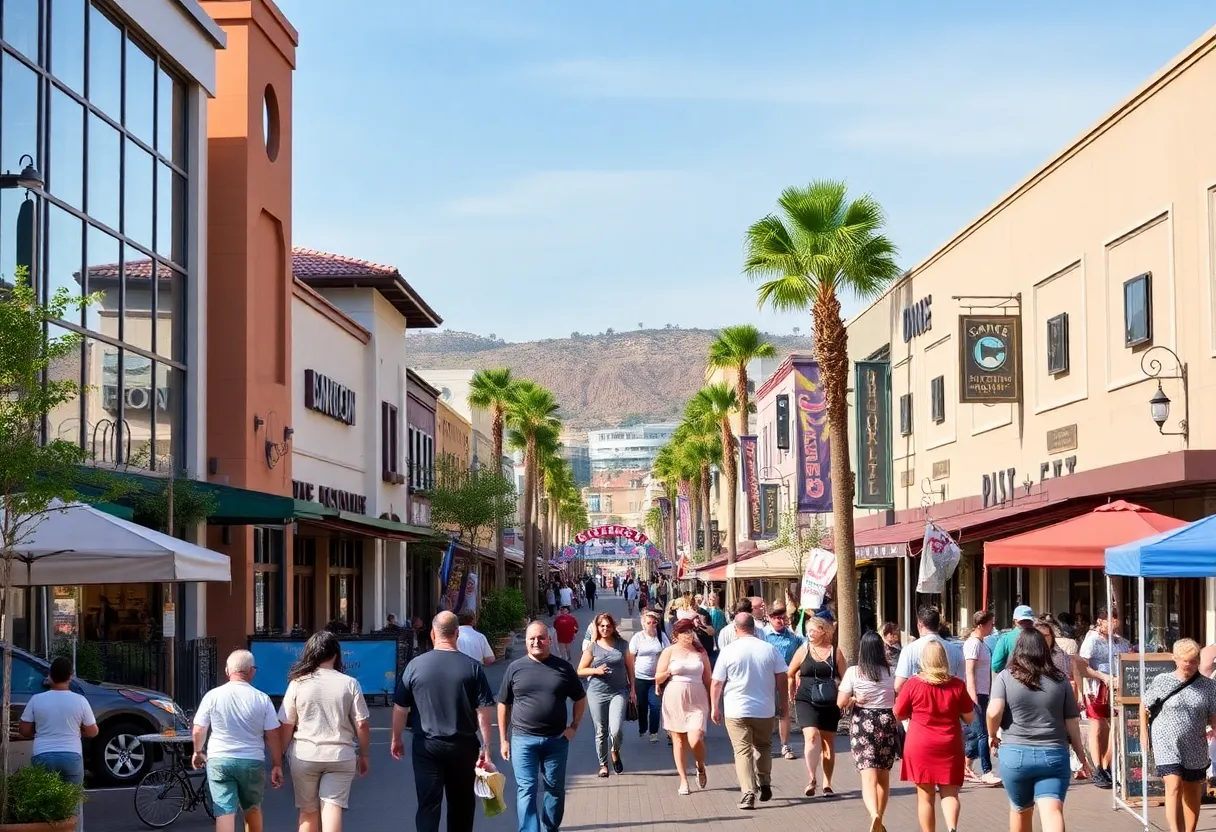 A lively scene of California businesses with people dining and shopping.