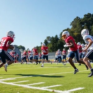 High school football players practicing on the field