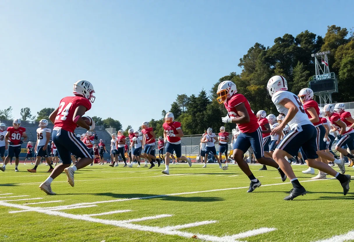 High school football players practicing on the field