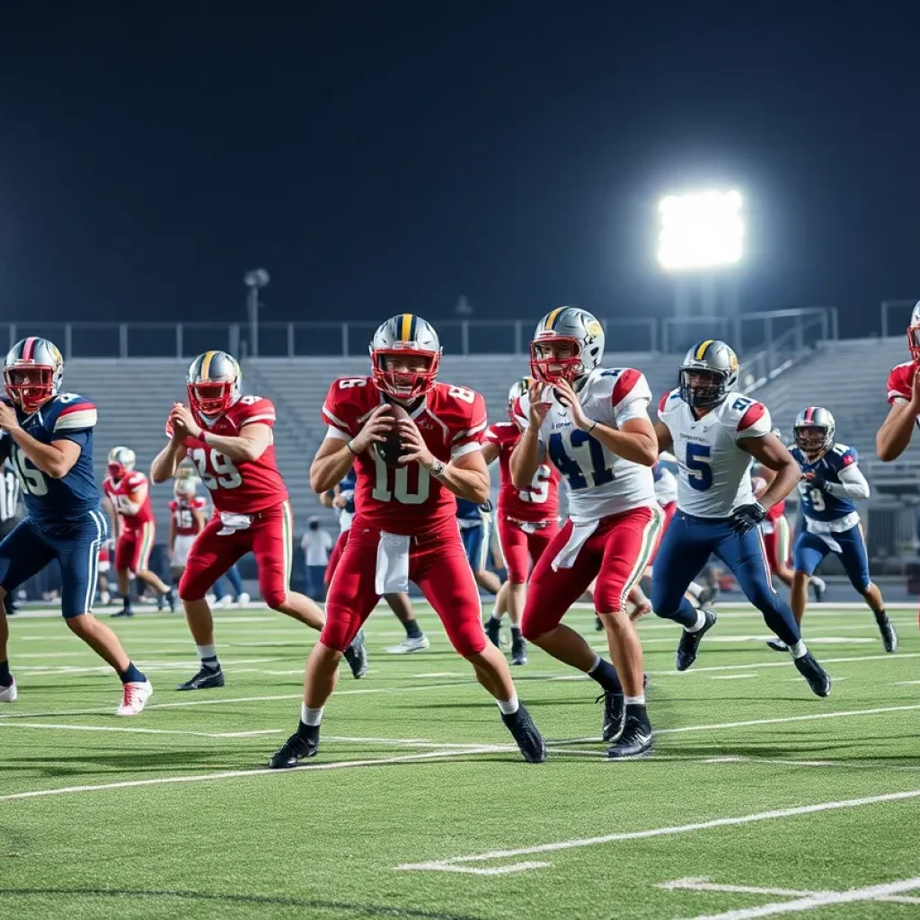 Group of high school quarterbacks practicing on the football field