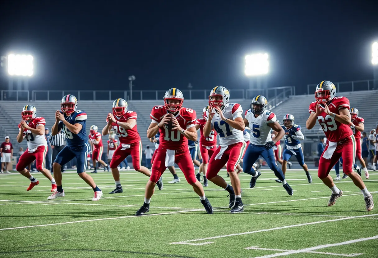 Group of high school quarterbacks practicing on the football field