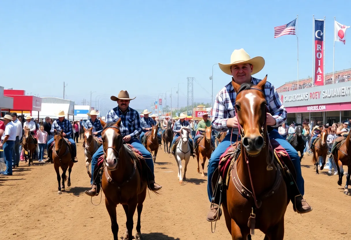 A lively scene from the California Rodeo Salinas showing cowboys in action.
