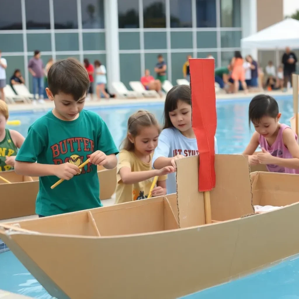 Families engaging in the Cardboard Boat Derby event at the pool.