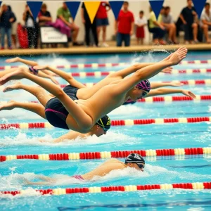 Swimmers diving into the pool during a collegiate swimming meet