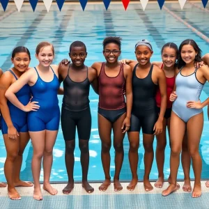 Diverse group of freshmen swimmers standing by a pool
