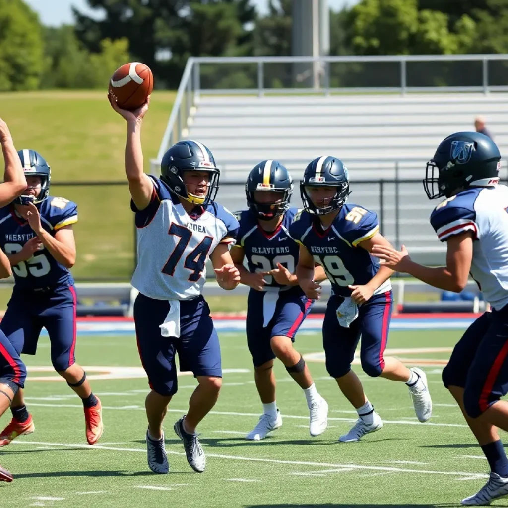 High school football players in action at a passing tournament