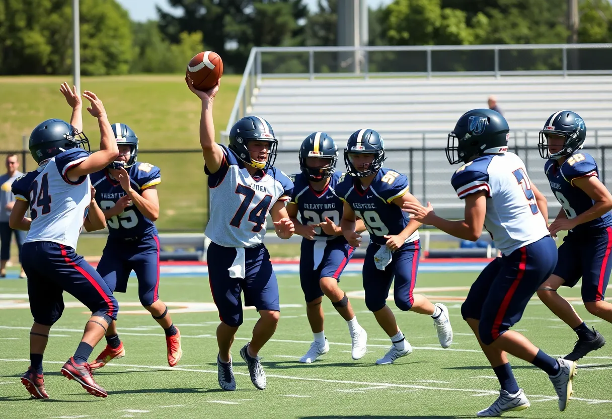 High school football players in action at a passing tournament