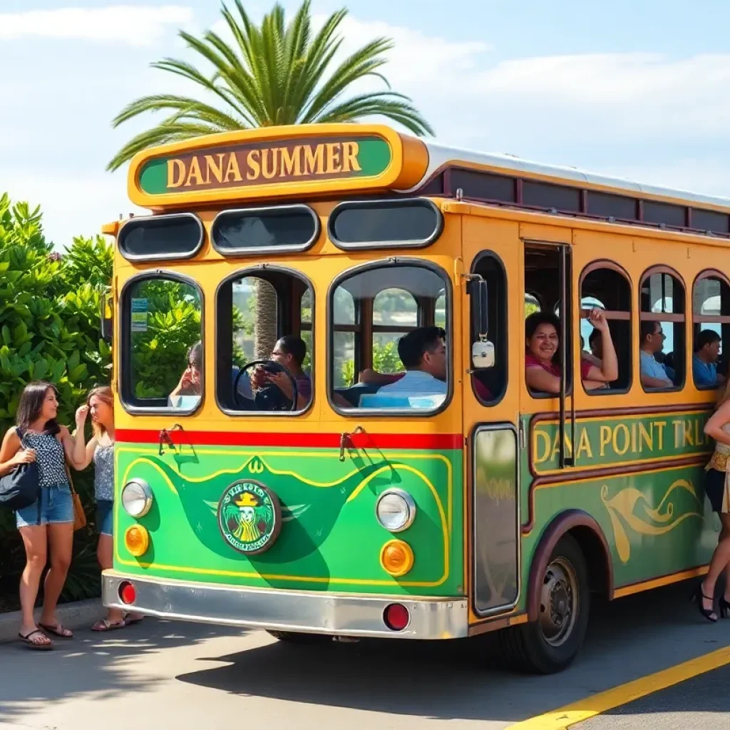 Image of Dana Point Trolley with passengers boarding during summer