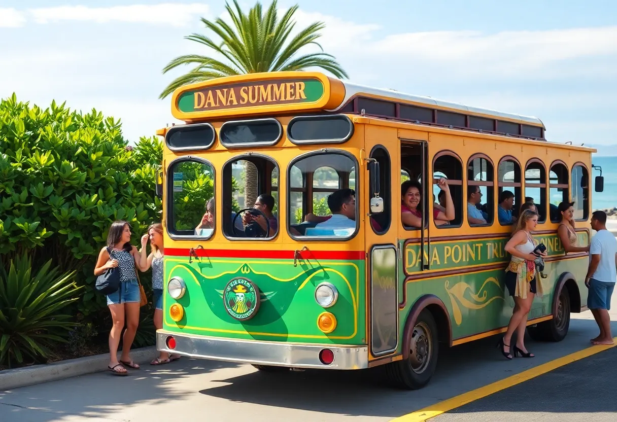 Image of Dana Point Trolley with passengers boarding during summer