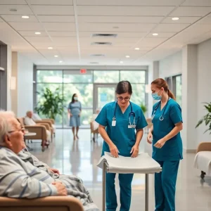 A modern skilled nursing facility with caregivers and elderly residents