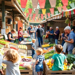 Busy farmers market with fresh produce and goods