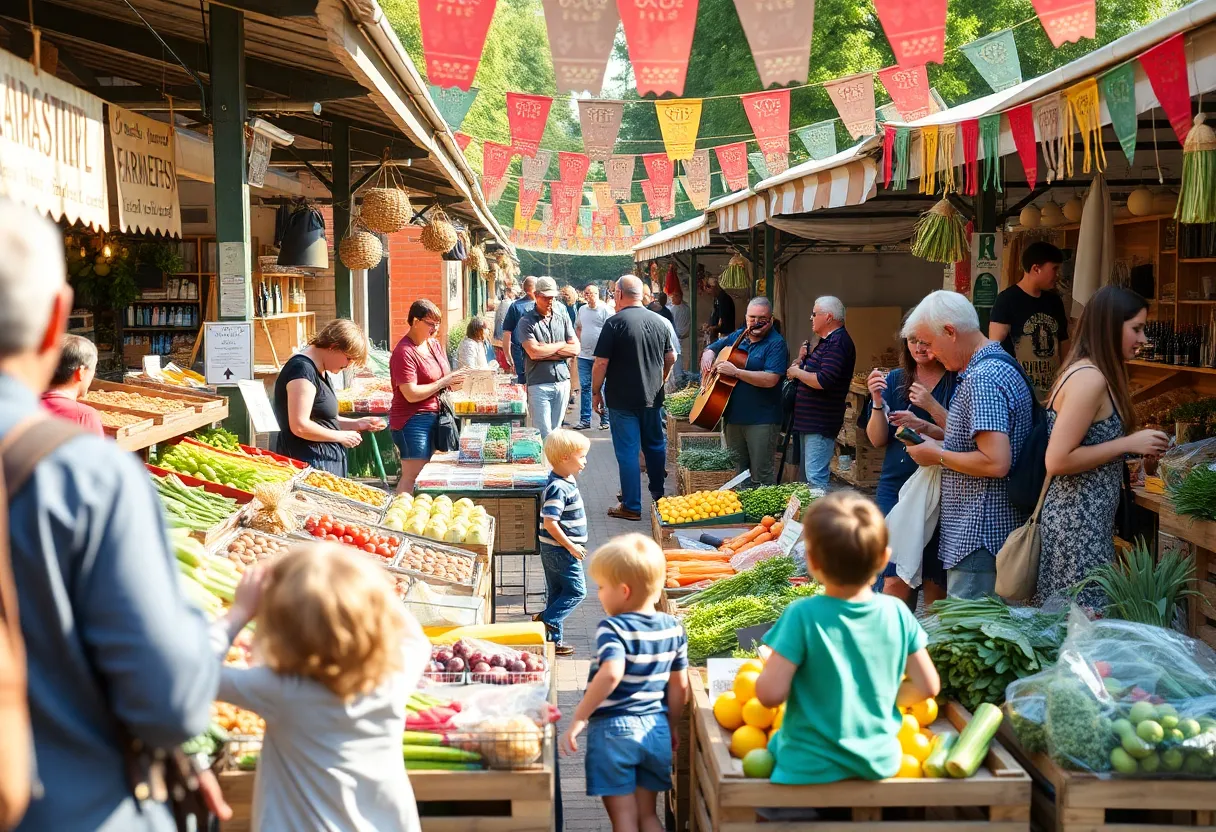 Busy farmers market with fresh produce and goods