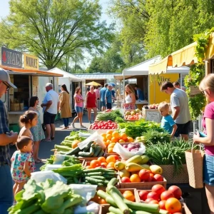 Community farmers market featuring fresh produce and food trucks