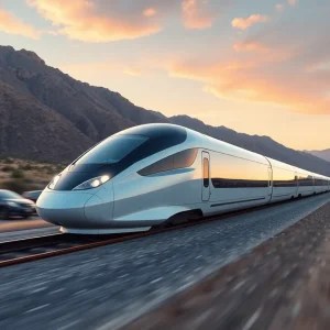 A futuristic high-speed train traveling through a vibrant California landscape.