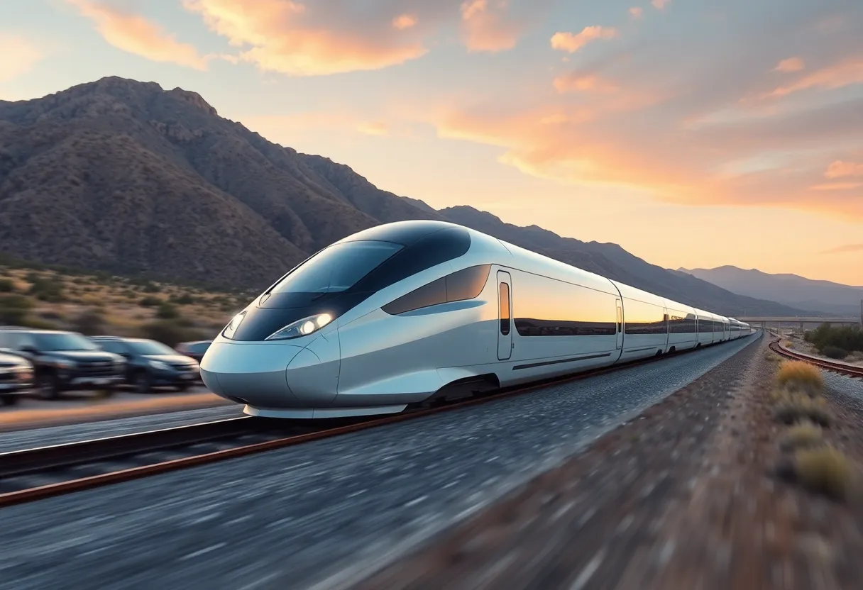 A futuristic high-speed train traveling through a vibrant California landscape.