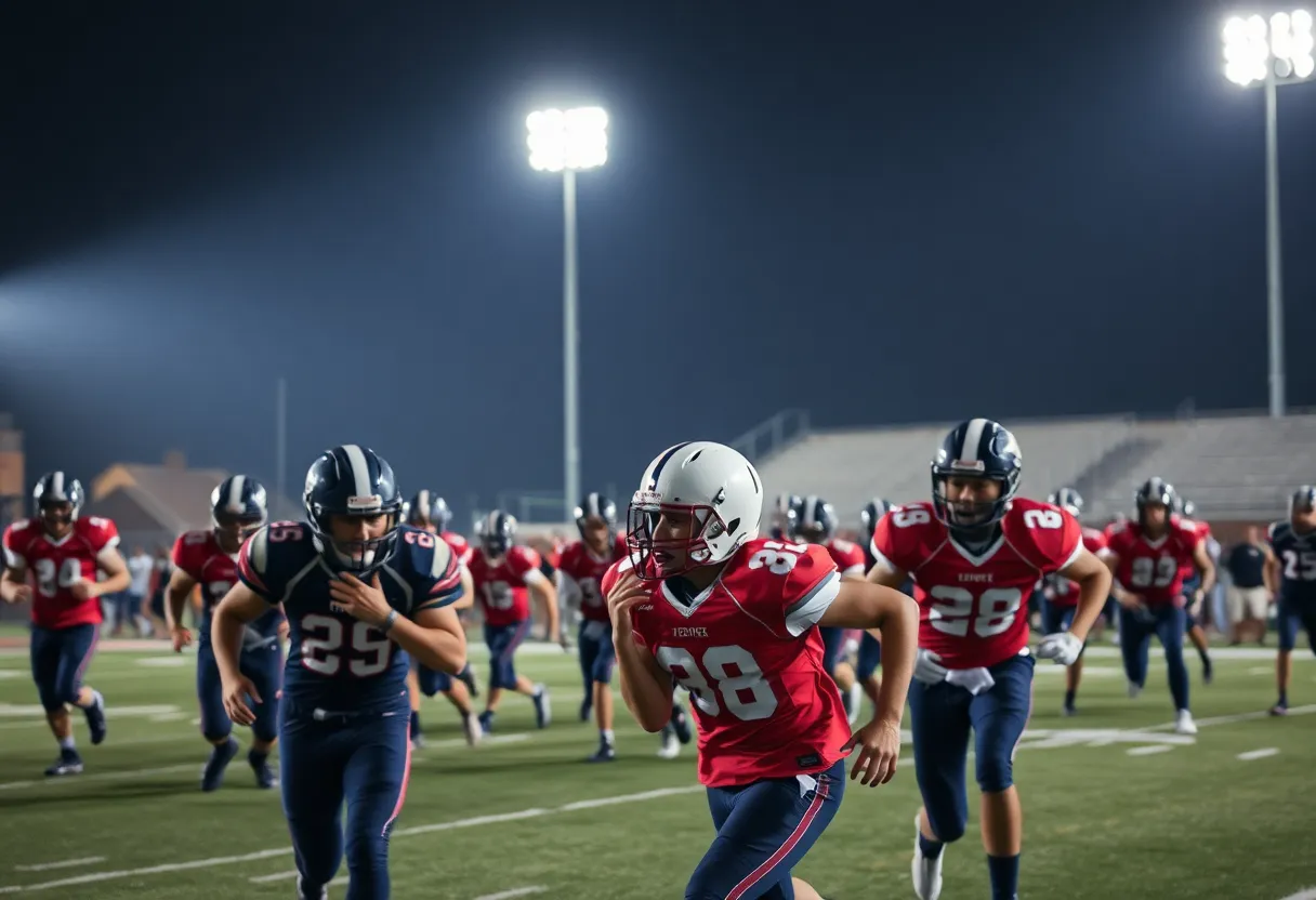 High school football players in action during a game