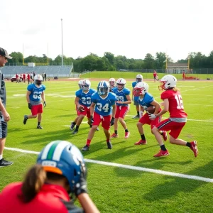 Young football players practicing on the field