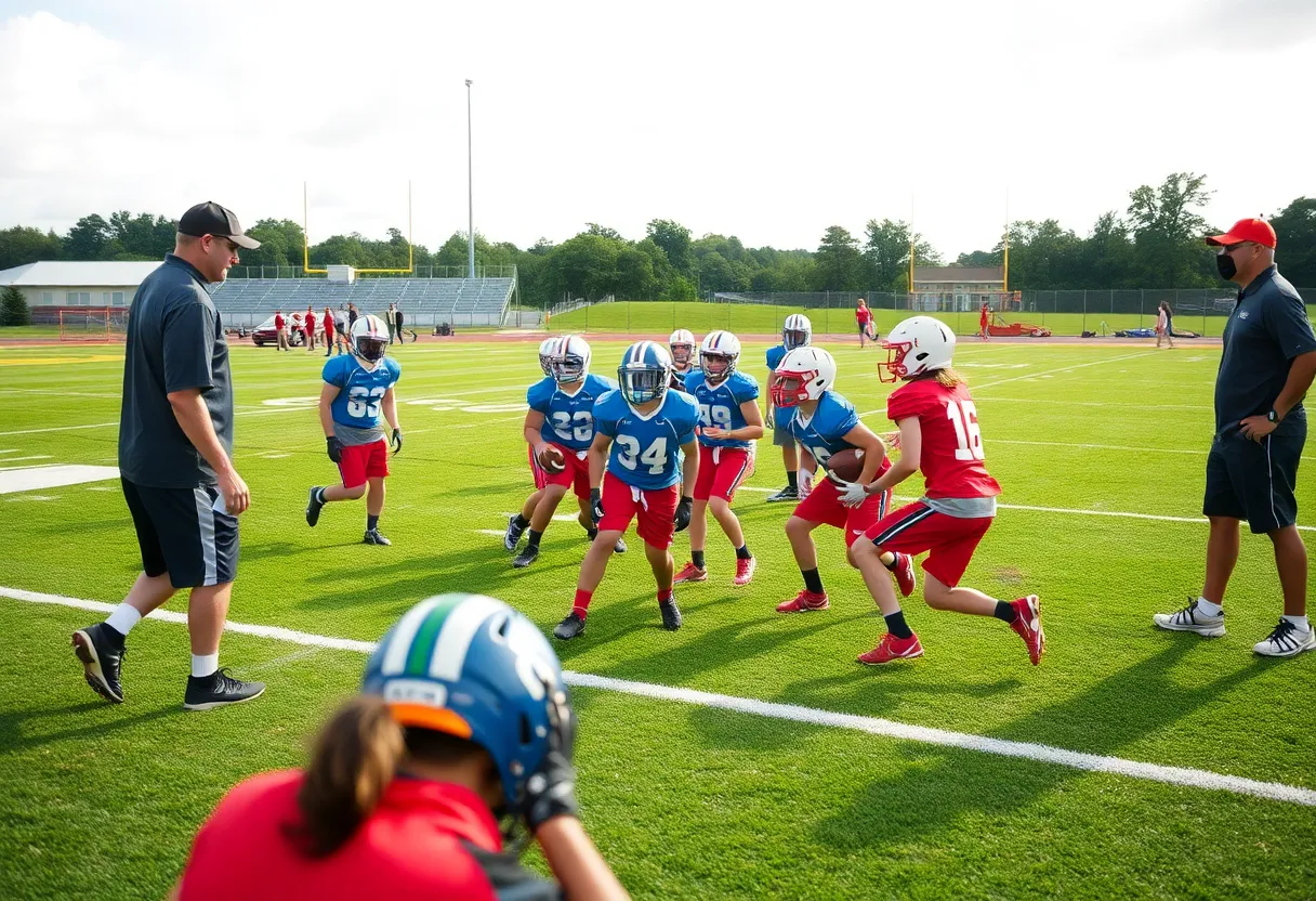 Young football players practicing on the field