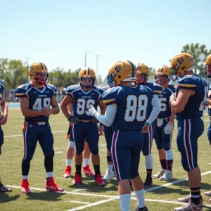 High school football players strategizing on the field