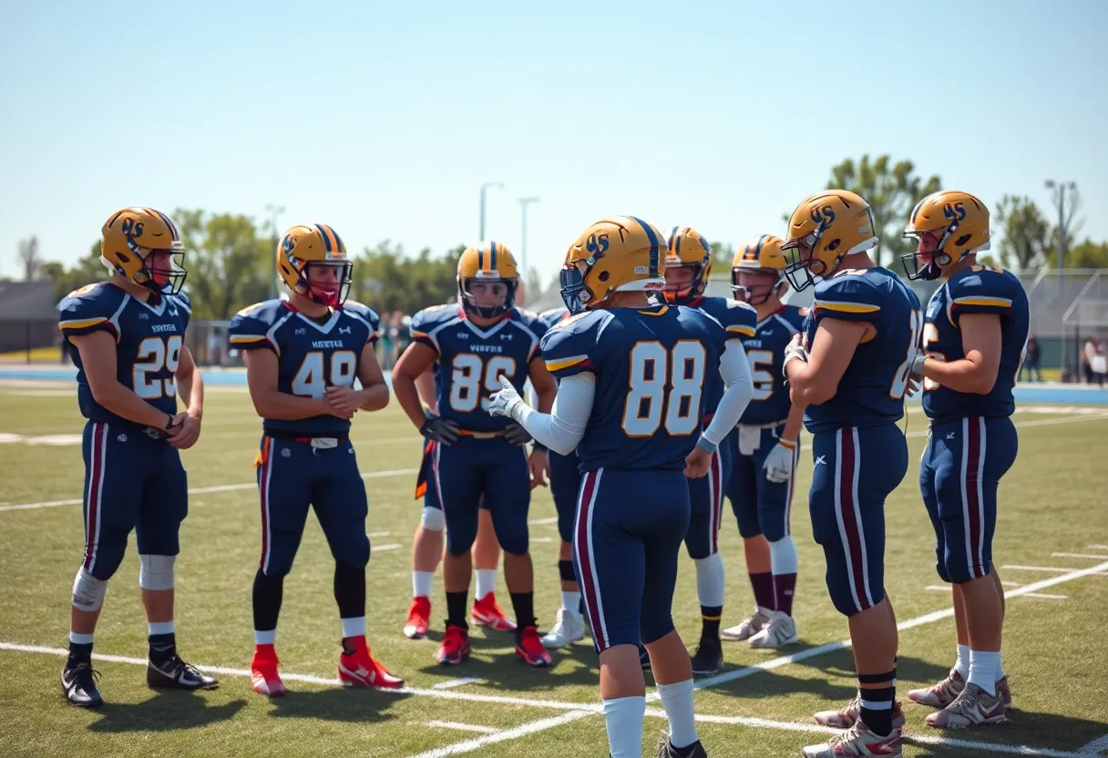 High school football players strategizing on the field