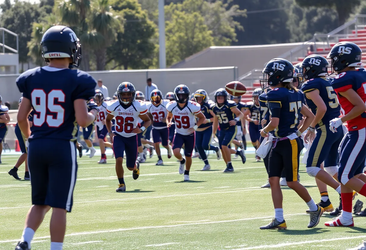 Athletes participating in a high school football passing tournament