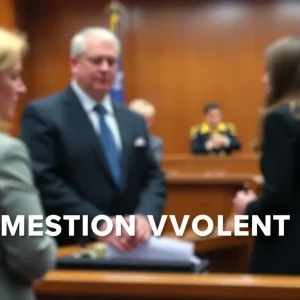 A somber courtroom atmosphere representing a domestic violence trial.