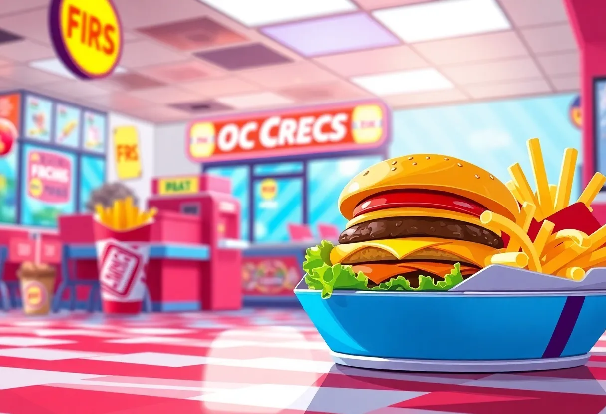 Illustration of a fast-food restaurant with burgers and fries