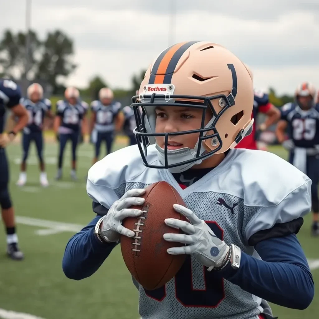 Jake Flores practicing on the football field