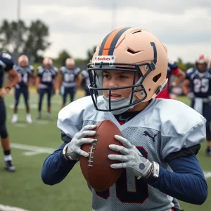 Jake Flores practicing on the football field