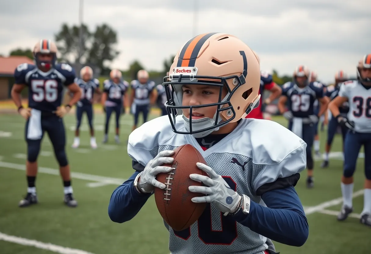 Jake Flores practicing on the football field