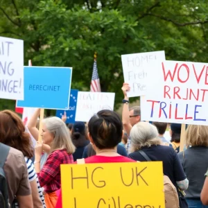 Demonstrators holding signs at Laguna Woods protest