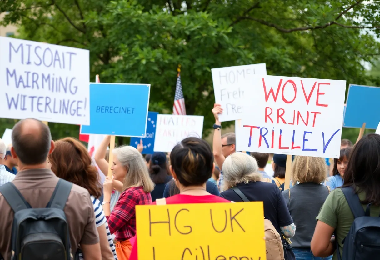 Demonstrators holding signs at Laguna Woods protest