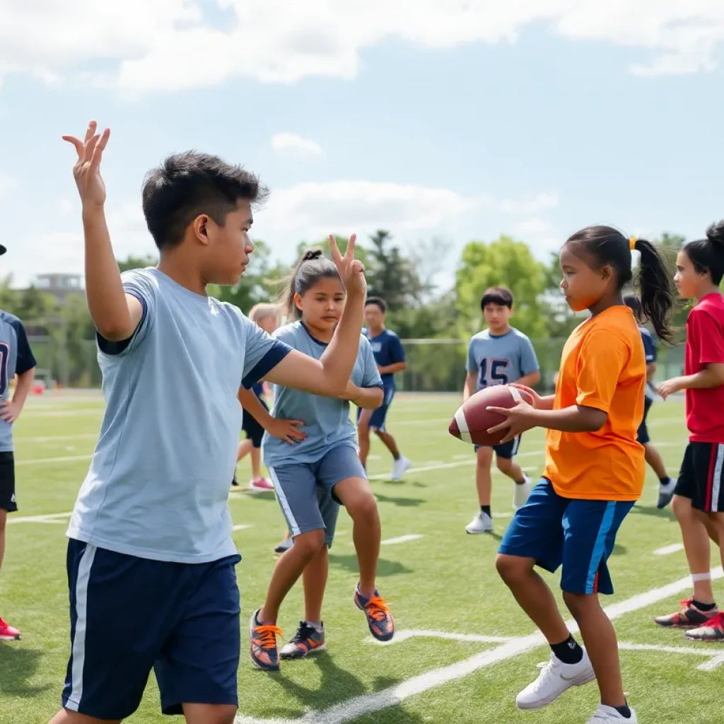 Students practicing football drills on a field