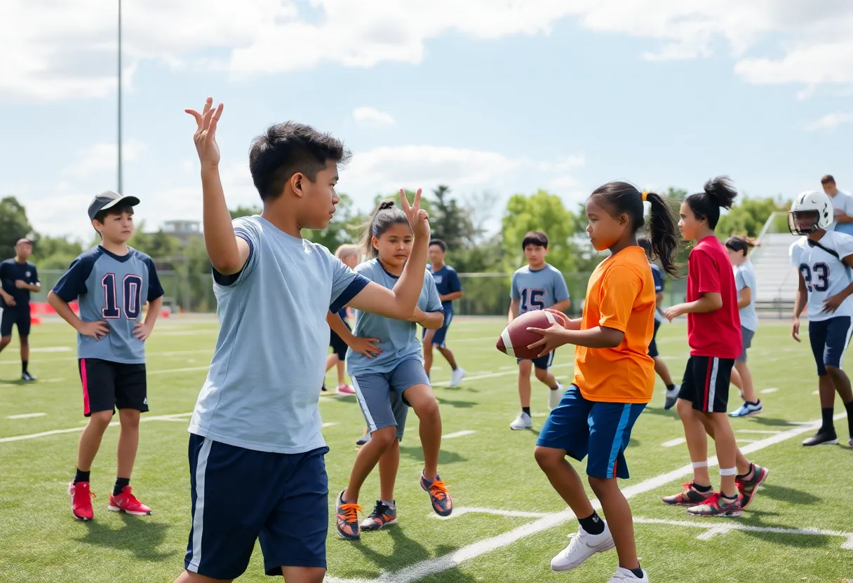 Students practicing football drills on a field