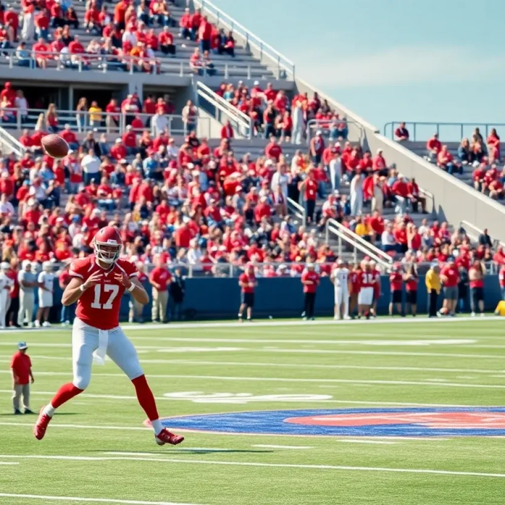 Quarterback throwing a pass on a football field