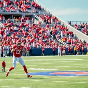Quarterback throwing a pass on a football field