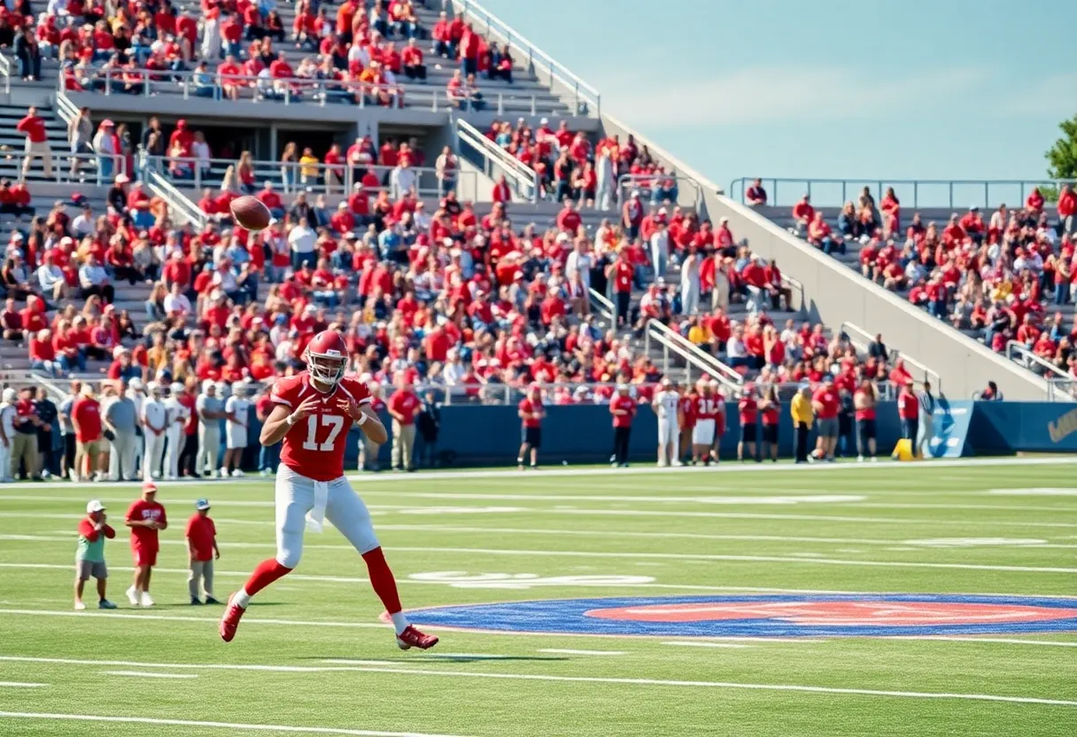 Quarterback throwing a pass on a football field