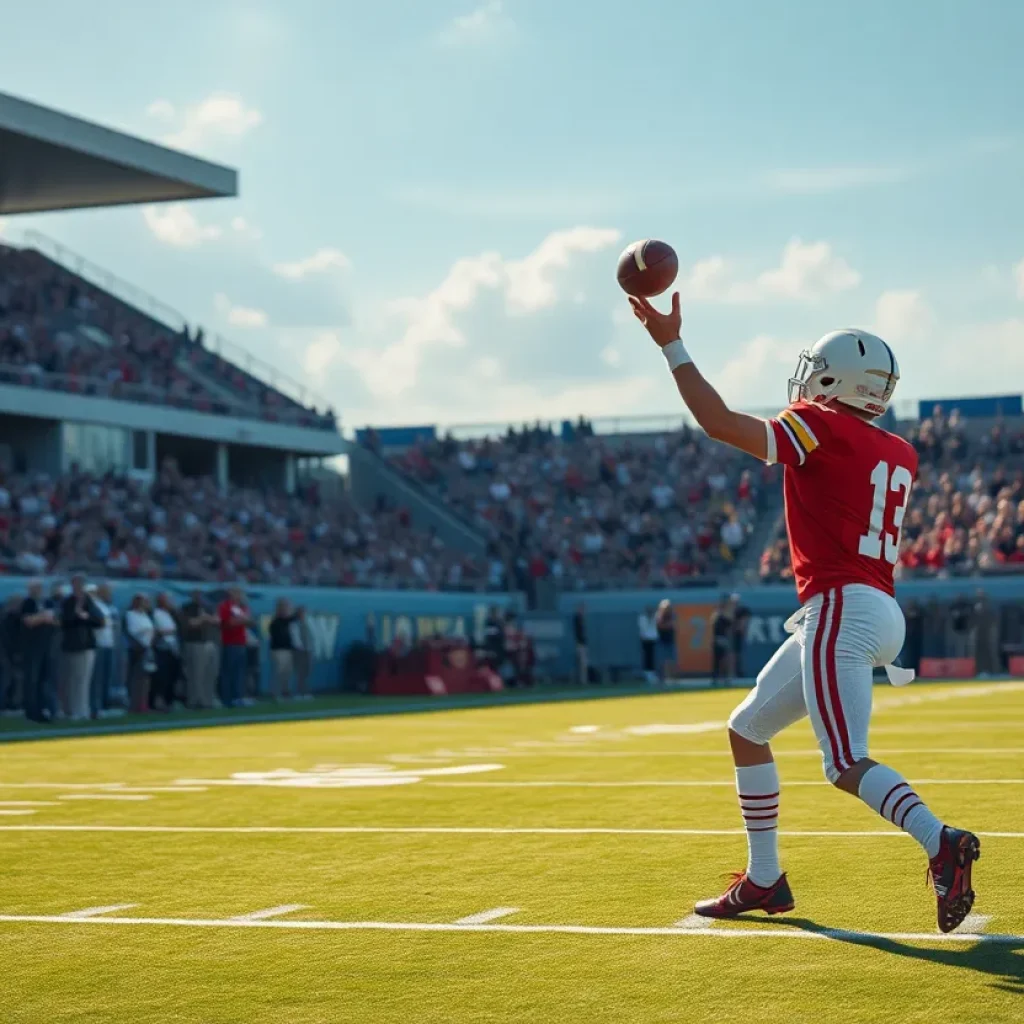 Quarterback throwing a football on a field