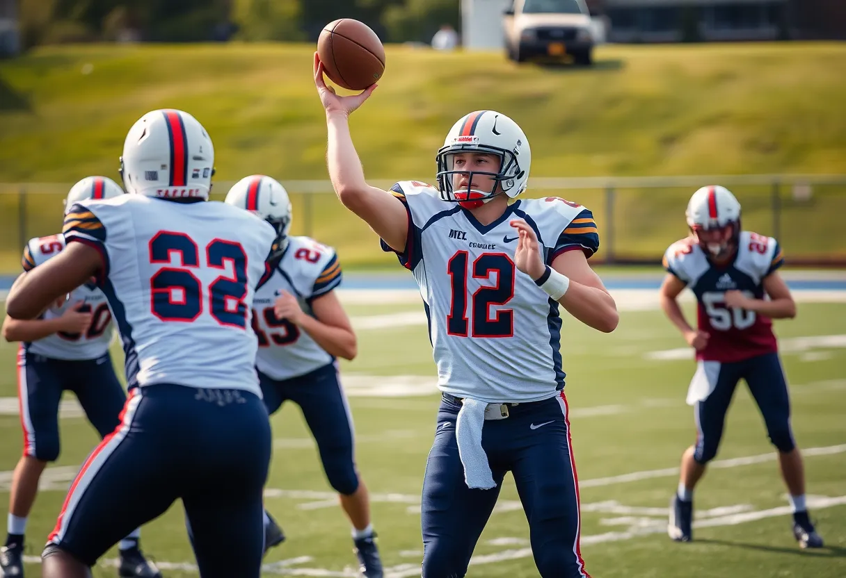 Quarterback throwing a football on a field