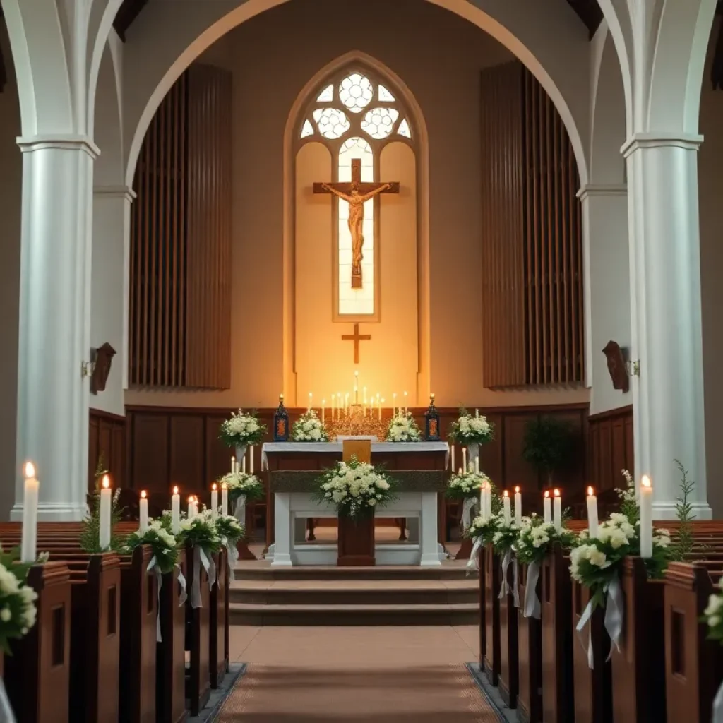 Memorial service setup with candles and flowers