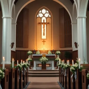 Memorial service setup with candles and flowers